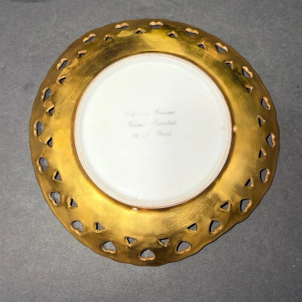 Osborne China 24K Gold Hand Painted Heart Cutout Floral Trinket Dish Bowl 5.5